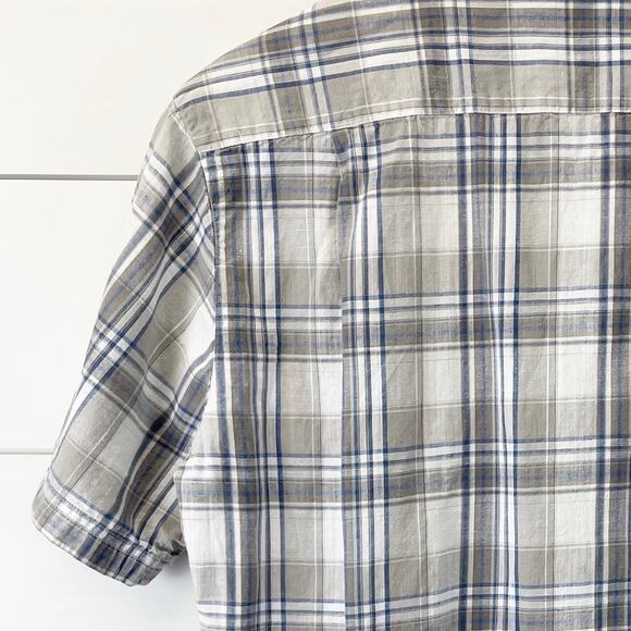 Merrell Boys XL Short Sleeve Plaid Button‎ Down Shirt Tan Blue White Linen Blend - Picture 3 of 8